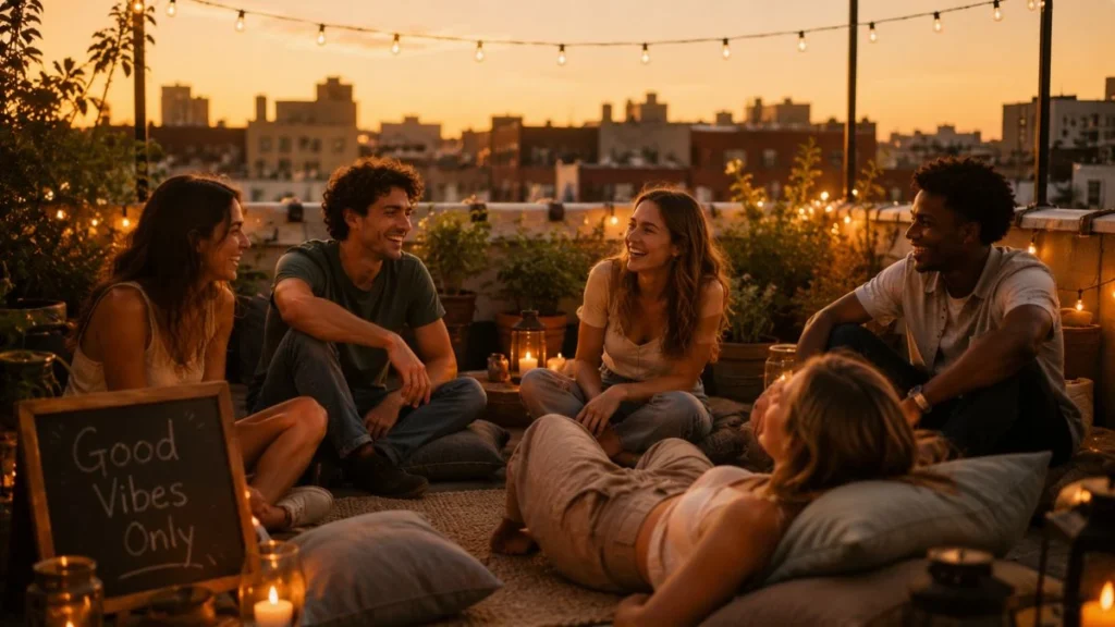 Sekelompok anak muda bersantai di rooftop saat golden hour dengan tulisan Good Vibes Only menggambarkan makna vibes artinya energi dan suasana yang dirasakan