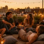 Sekelompok anak muda bersantai di rooftop saat golden hour dengan tulisan Good Vibes Only menggambarkan makna vibes artinya energi dan suasana yang dirasakan