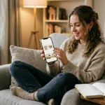 Ilustrasi wishlist artinya — perempuan muda scrolling aplikasi belanja dengan ekspresi antusias sambil menyimpan item ke daftar keinginan