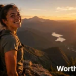 Pendaki berdiri puas di puncak bukit saat golden hour menggambarkan makna worth it artinya pengorbanan yang terasa sepadan
