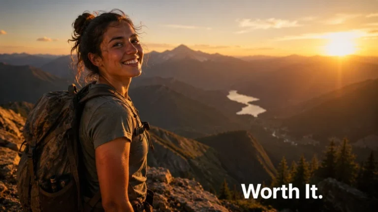Pendaki berdiri puas di puncak bukit saat golden hour menggambarkan makna worth it artinya pengorbanan yang terasa sepadan