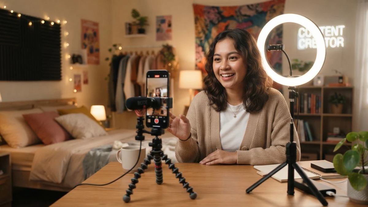 Seseorang merekam konten TikTok menggunakan smartphone dan ring light