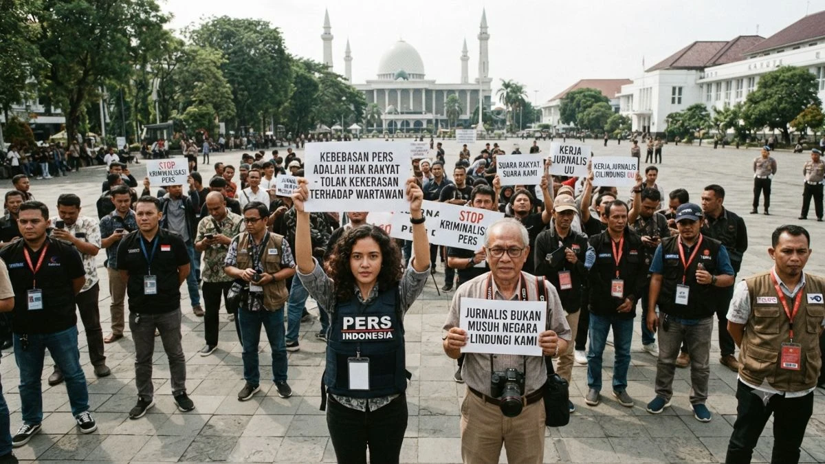 Aksi damai jurnalis membawa poster protes di alun-alun kota