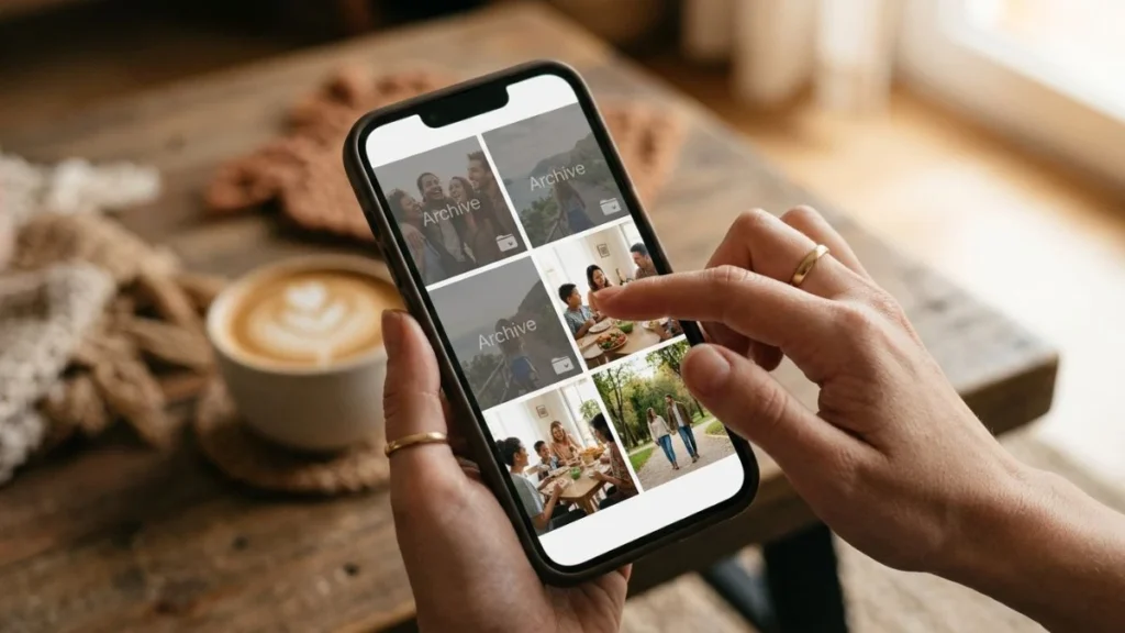 Tangan melihat album foto di ponsel dengan beberapa foto yang diarsipkan menggambarkan makna archive artinya mengarsipkan atau menyimpan tanpa menghapus
