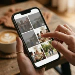 Tangan melihat album foto di ponsel dengan beberapa foto yang diarsipkan menggambarkan makna archive artinya mengarsipkan atau menyimpan tanpa menghapus