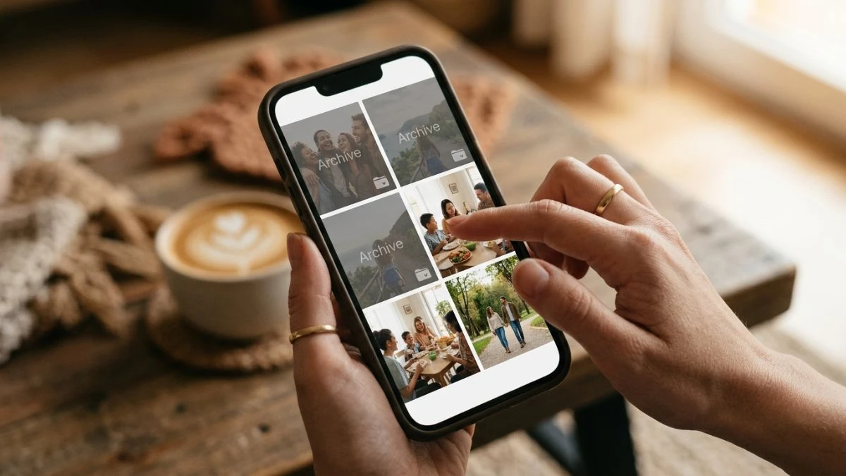 Tangan melihat album foto di ponsel dengan beberapa foto yang diarsipkan menggambarkan makna archive artinya mengarsipkan atau menyimpan tanpa menghapus