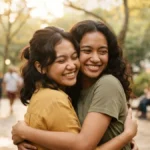 Big hug artinya pelukan hangat penuh kasih sayang, digambarkan lewat dua sahabat yang saling berpelukan di taman