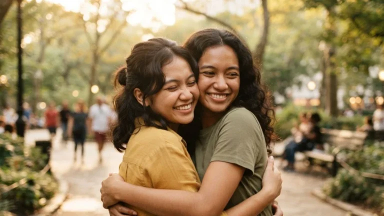 Big hug artinya pelukan hangat penuh kasih sayang, digambarkan lewat dua sahabat yang saling berpelukan di taman