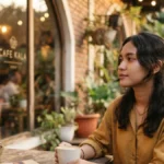 Deep artinya merenung dan berpikir mendalam, digambarkan lewat perempuan muda yang termenung sendirian di kafe sore hari