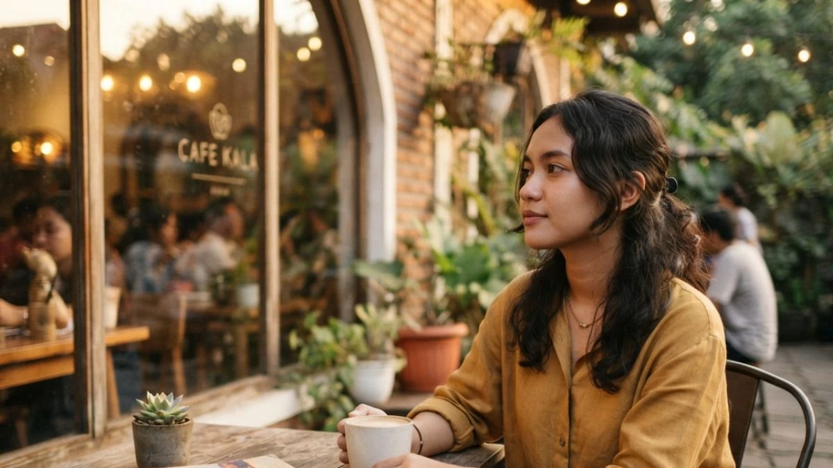 Deep artinya merenung dan berpikir mendalam, digambarkan lewat perempuan muda yang termenung sendirian di kafe sore hari