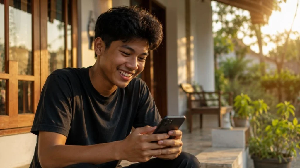 FR artinya menegaskan kesungguhan sebuah pernyataan, digambarkan lewat remaja yang tertawa membaca pesan di ponsel