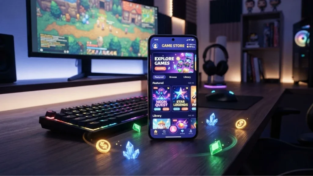 Ilustrasi smartphone dengan tampilan antarmuka toko digital game online untuk top up murah dan praktis.