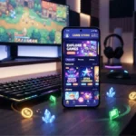 Ilustrasi smartphone dengan tampilan antarmuka toko digital game online untuk top up murah dan praktis.