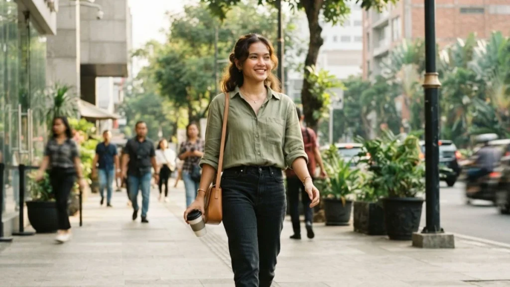 Next artinya sikap move on dan melangkah maju, digambarkan lewat perempuan muda yang berjalan percaya diri di trotoar kota