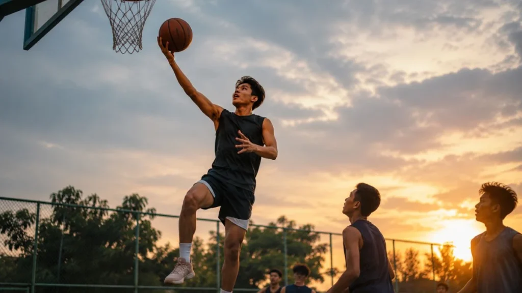 On fire artinya semangat dan performa luar biasa, digambarkan lewat pemuda yang bermain basket penuh semangat