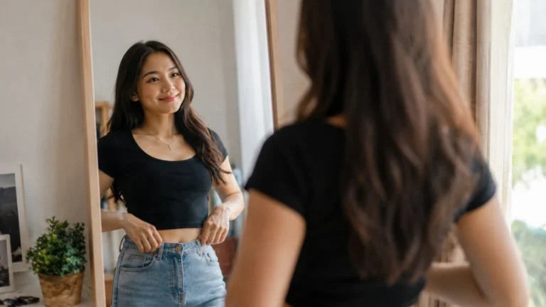 On point artinya sesuatu yang sempurna dan tepat sasaran, digambarkan lewat perempuan muda yang percaya diri mengecek penampilannya
