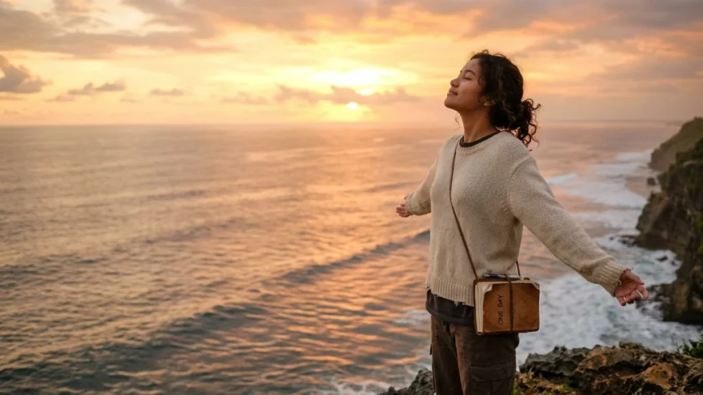 Seseorang berdiri di tepi tebing menghadap lautan saat matahari terbenam dengan ekspresi penuh harapan menggambarkan makna one day artinya suatu hari nanti