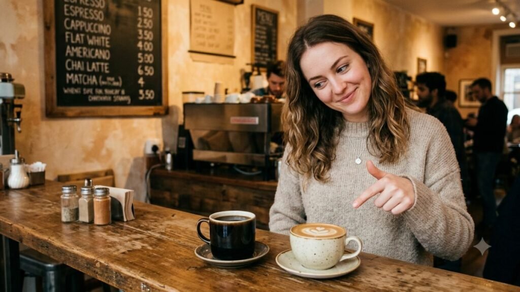 Seseorang memilih antara dua minuman di kafe dengan ekspresi mempertimbangkan pilihan menggambarkan makna prefer artinya lebih memilih atau lebih suka