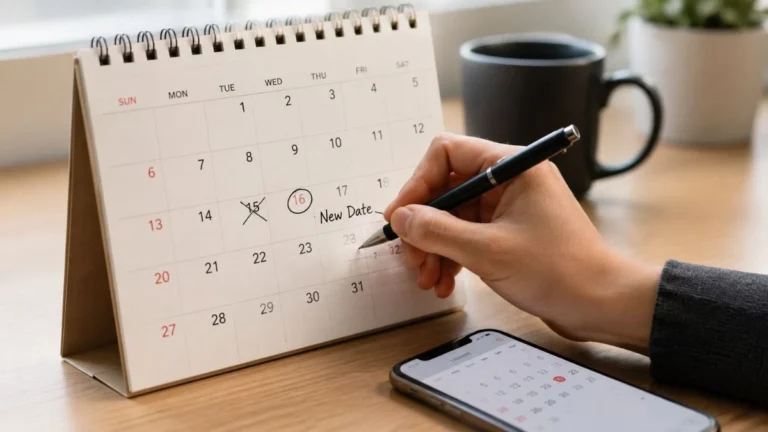 Tangan mencoret tanggal lama dan melingkari tanggal baru di kalender meja menggambarkan makna reschedule artinya menjadwalkan ulang