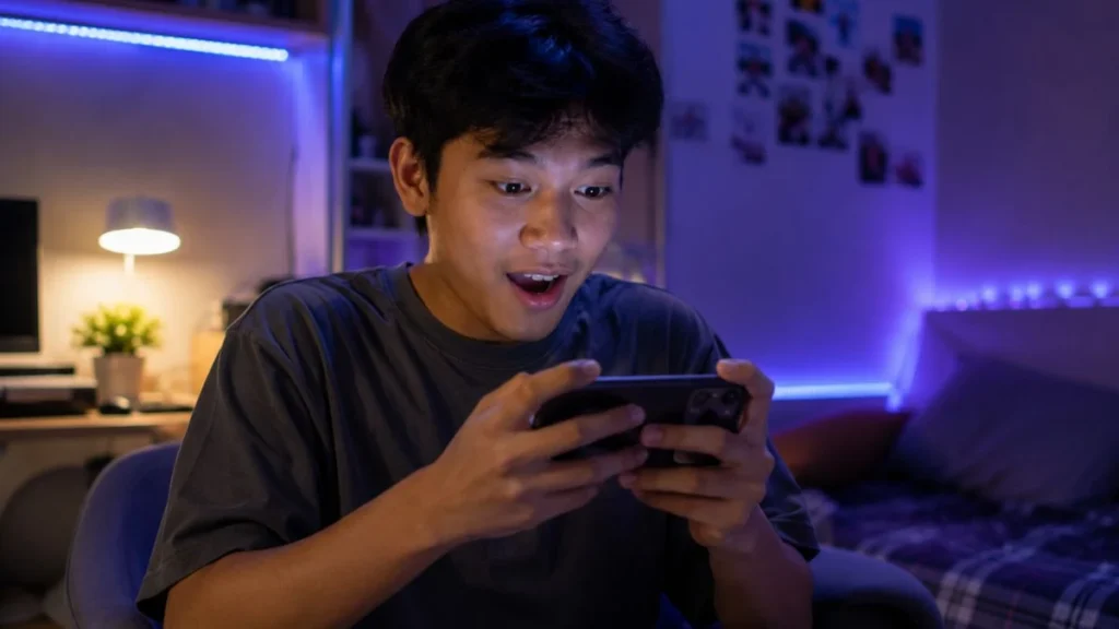 Simp artinya seseorang yang terlalu mengidolakan orang lain, digambarkan lewat remaja yang terpukau menatap layar ponsel