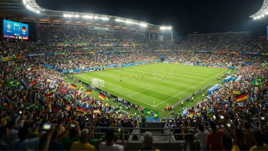 Suasana stadion sepak bola penuh penonton saat pertandingan internasional