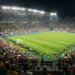 Suasana stadion sepak bola penuh penonton saat pertandingan internasional