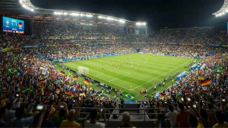 Suasana stadion sepak bola penuh penonton saat pertandingan internasional
