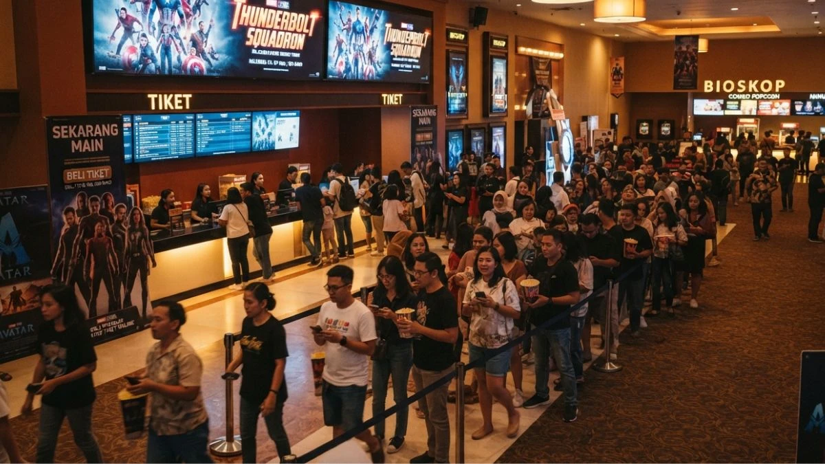 Suasana bioskop ramai penonton antre nonton film superhero terbaru
