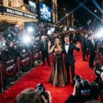 Suasana premier film dengan karpet merah dan wartawan memotret