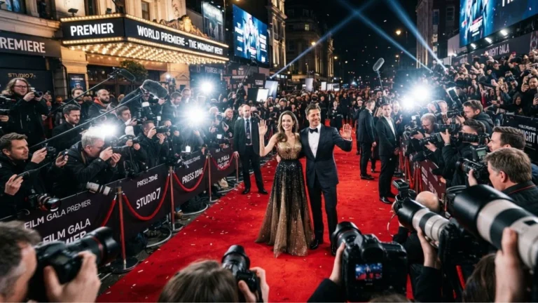 Suasana premier film dengan karpet merah dan wartawan memotret