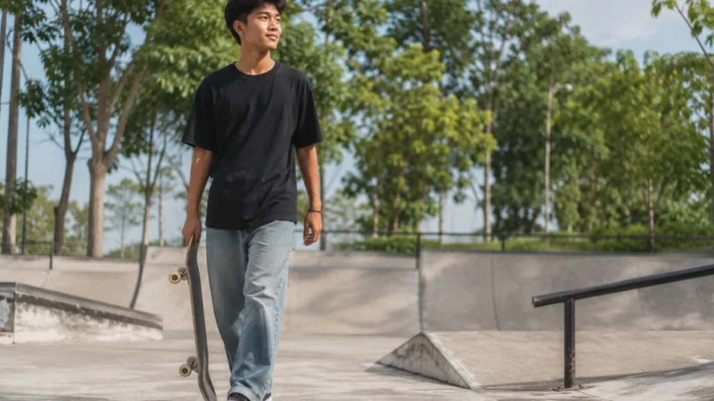 Swag artinya gaya dan sikap percaya diri, digambarkan lewat remaja berpakaian streetwear yang berjalan santai