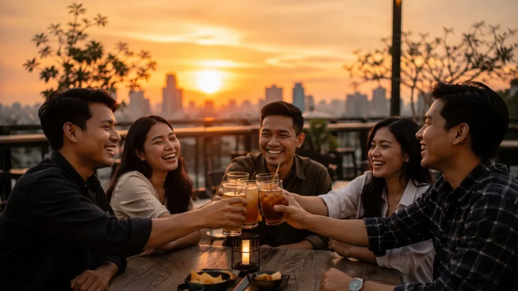 TGIF artinya ungkapan lega menyambut akhir pekan, digambarkan lewat sekelompok teman yang bersulang saat senja hari Jumat