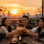 TGIF artinya ungkapan lega menyambut akhir pekan, digambarkan lewat sekelompok teman yang bersulang saat senja hari Jumat