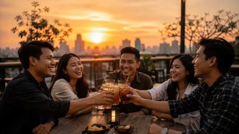 TGIF artinya ungkapan lega menyambut akhir pekan, digambarkan lewat sekelompok teman yang bersulang saat senja hari Jumat