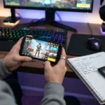 Ilustrasi top up Free Fire dengan pengelolaan diamond secara bijak menggunakan ponsel dan ikon mata uang virtual.