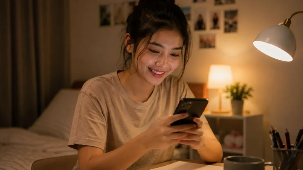 TYSM artinya ucapan terima kasih banyak, digambarkan lewat perempuan muda yang tersenyum sambil membalas pesan di ponsel