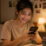 TYSM artinya ucapan terima kasih banyak, digambarkan lewat perempuan muda yang tersenyum sambil membalas pesan di ponsel