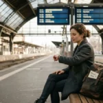 Seseorang duduk menunggu di bangku stasiun dengan ekspresi penuh harapan menggambarkan makna wait artinya menunggu