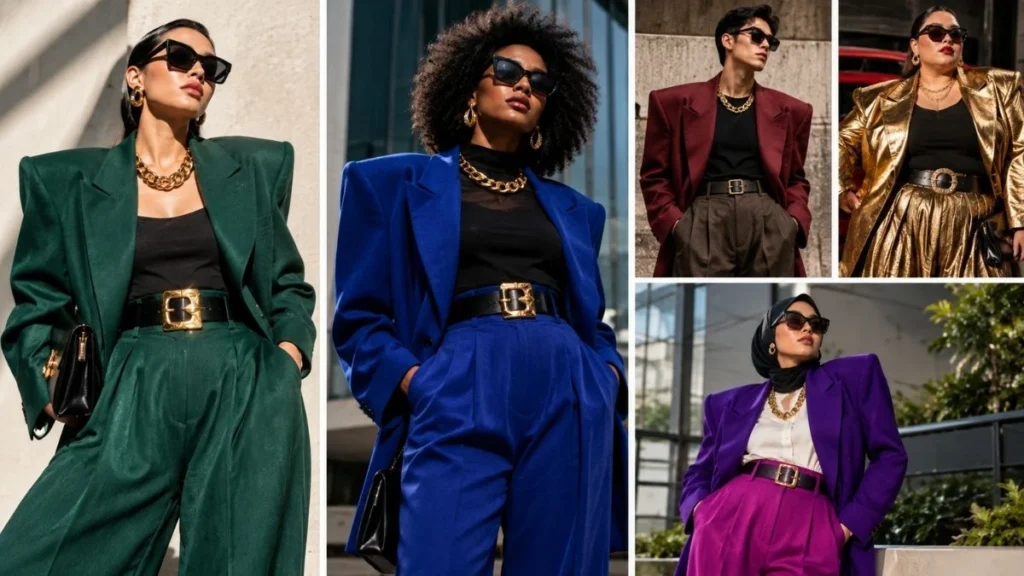 Contemporary 80s maximalism showing oversized blazer with shoulder pads, baggy trousers, gold chains, statement accessories, and confident styling