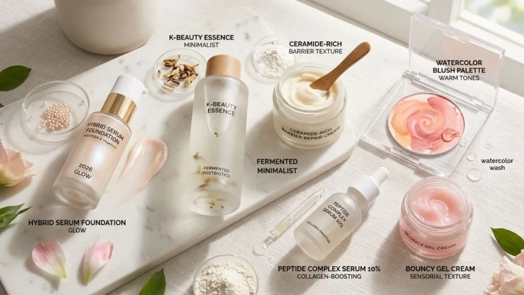 Flat lay of 2026 beauty products showing hybrid cosmetics, K-Beauty aesthetics, and sensorial skincare items