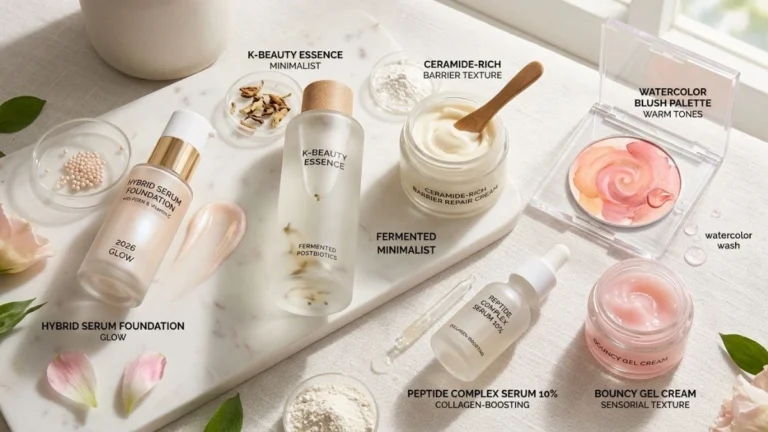 Flat lay of 2026 beauty products showing hybrid cosmetics, K-Beauty aesthetics, and sensorial skincare items