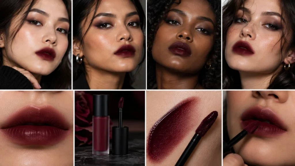 Close-up of blurred lips technique showing vampy oxblood lipstick with soft edges and coordinating smoky eye makeup
