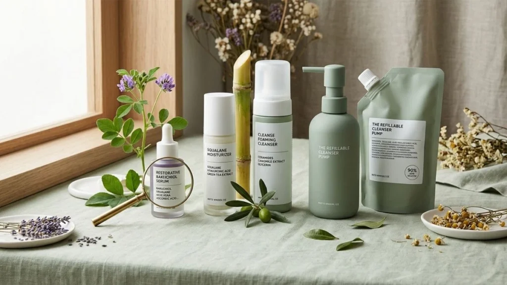Flat lay of clean beauty products showing transparent ingredient labels, refillable packaging, and natural botanical sources