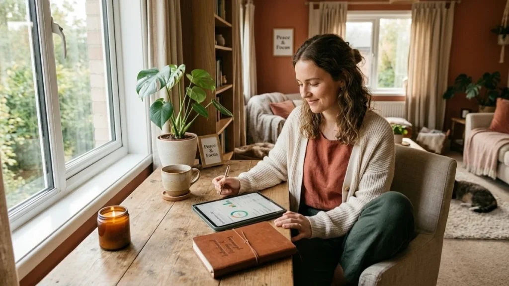 Young adult calmly reviewing personal finances in a warm, peaceful home setting as part of self-care routine