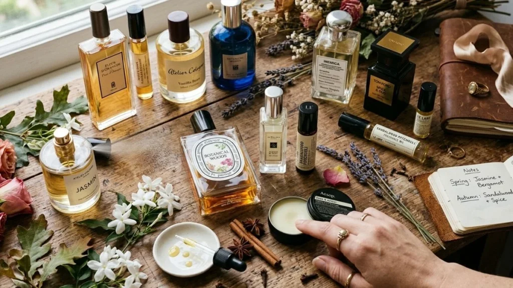Curated flat lay of multiple fragrance bottles, oils, and solids showing fragrance layering and wardrobe building