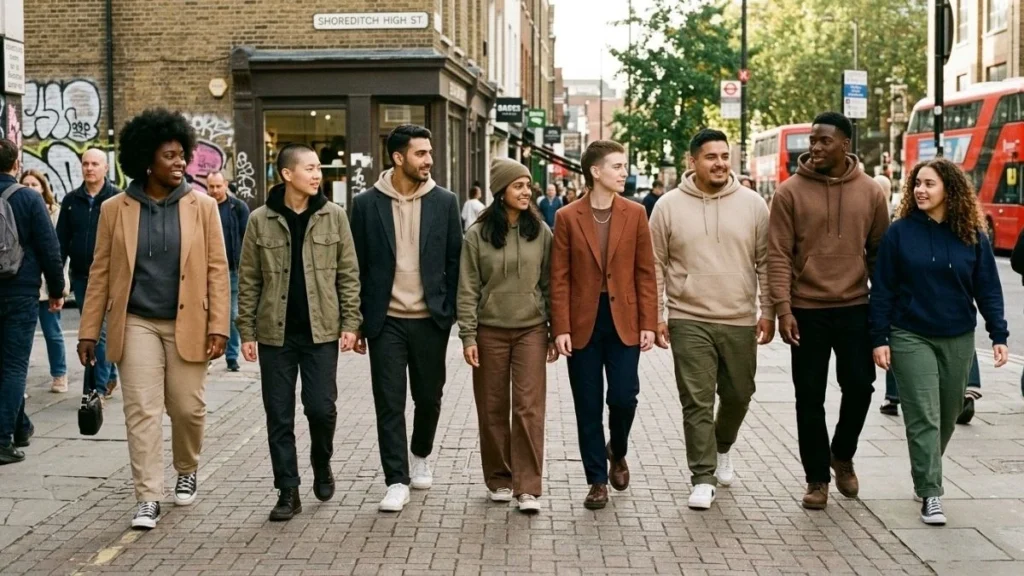 Diverse group of models wearing genderless fashion pieces including oversized hoodies and unstructured blazers in street style setting