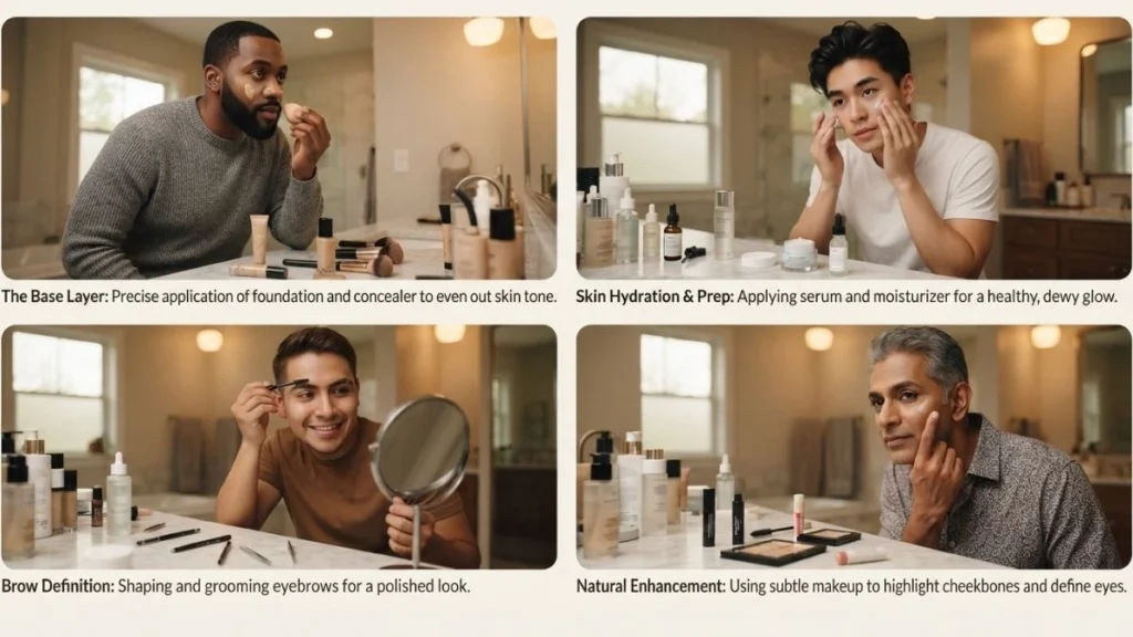 Diverse men at different ages showing various aspects of male beauty routines from skincare to makeup application