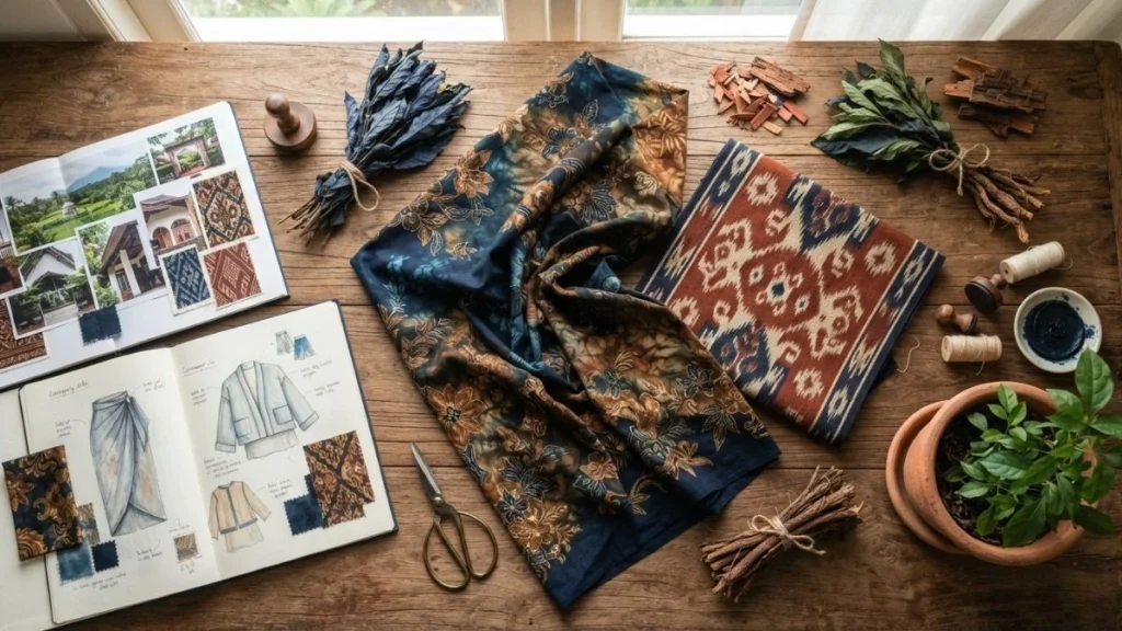 Flat lay of sustainable Indonesian fashion showing batik cloth, tenun weaving, natural dyes from plants, and contemporary design sketches