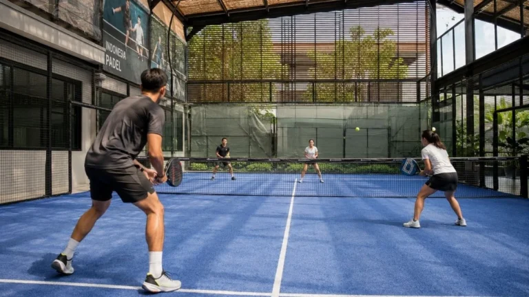 Lapangan padel indoor modern di Indonesia dengan pemain sedang bermain di atas karpet biru