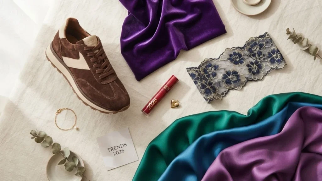 Flat lay of 2026 fashion trends showing chocolate brown suede, royal purple, cherry red, embroidered lace, and satin fabrics